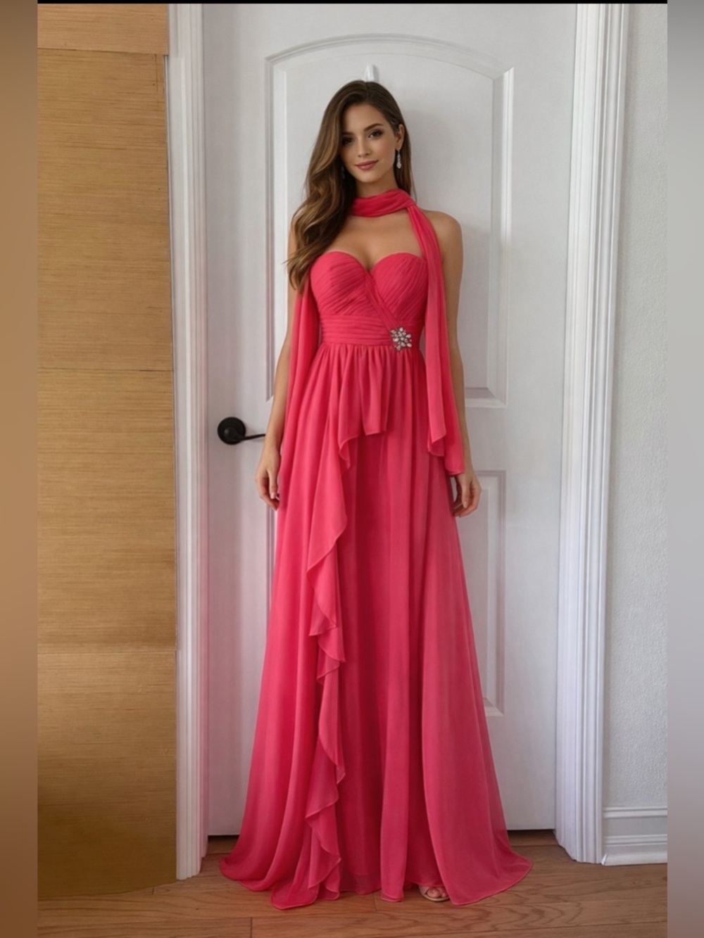 Narianna Hot Pink Strapless Evening Gown with Draped Ruffle and Scarf